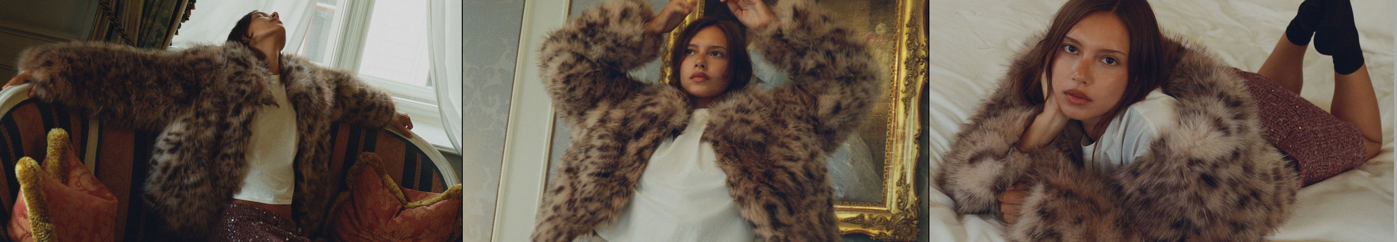 Three-panel image of a woman posing in a luxurious leopard print fur coat in different positions against elegant interior settings.