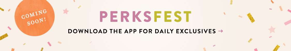 PERKSFEST promotional banner with Coming Soon badge, confetti, and text Download the app for daily exclusives on beige background