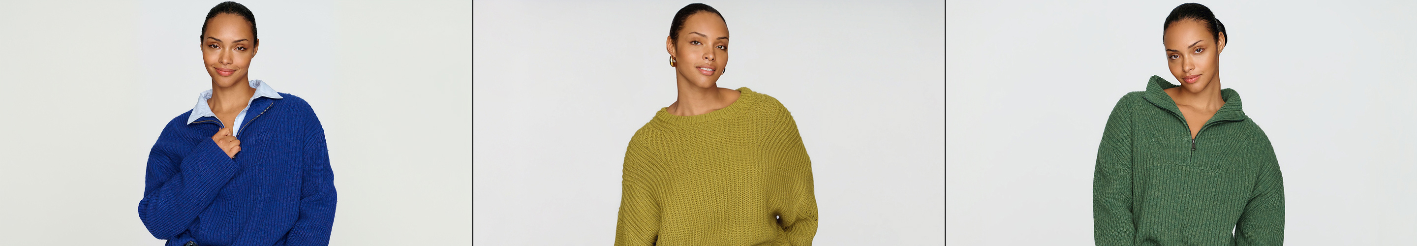Three women modeling oversized sweaters in blue, olive green, and forest green against neutral backgrounds.