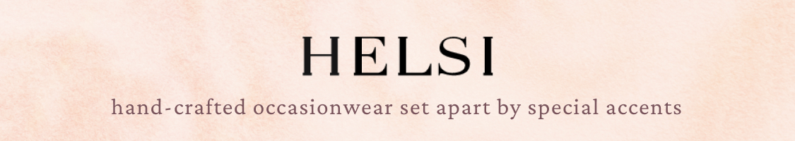 HELSI logo with tagline hand-crafted occasionwear set apart by special accents on a beige background