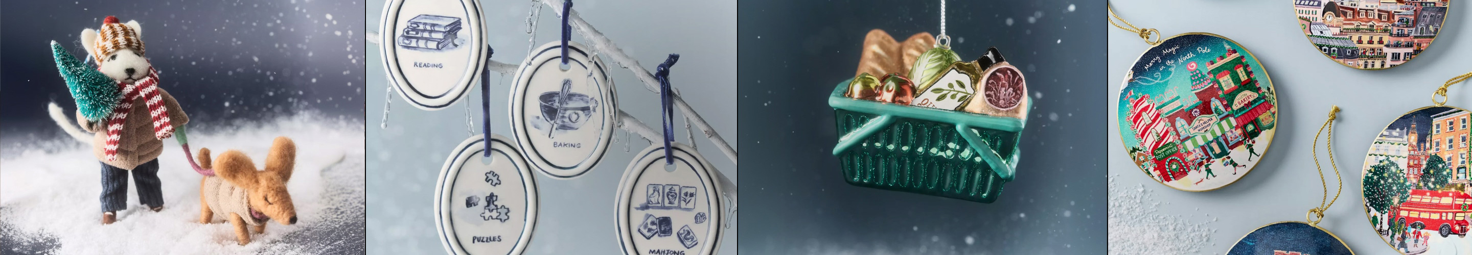 Four holiday ornament scenes: polar bear with dog, oval ornaments reading SLEDDING BAKING FRIENDS MAKING, teal basket with decorations, and colorful city scene ornaments