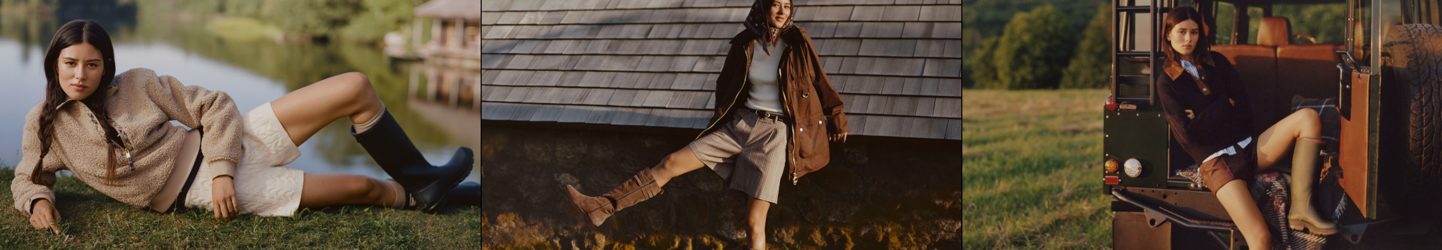 Three fashion photos: woman in beige outfit reclining on grass, woman in brown jacket and boots sitting outdoors, woman in navy top on vintage trunk.