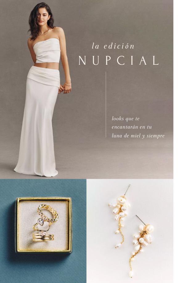 Model in white two-piece bridal outfit with text "the BRIDAL edit looks you'll love to the honeymoon and back" and jewelry below
