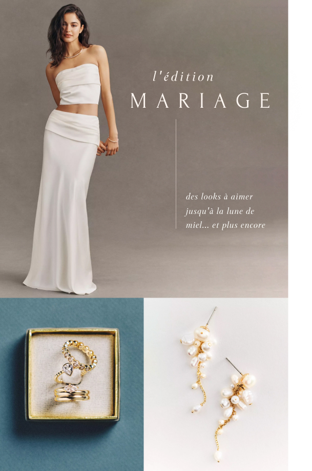 Model in white two-piece bridal outfit with text "the BRIDAL edit looks you'll love to the honeymoon and back" and jewelry below