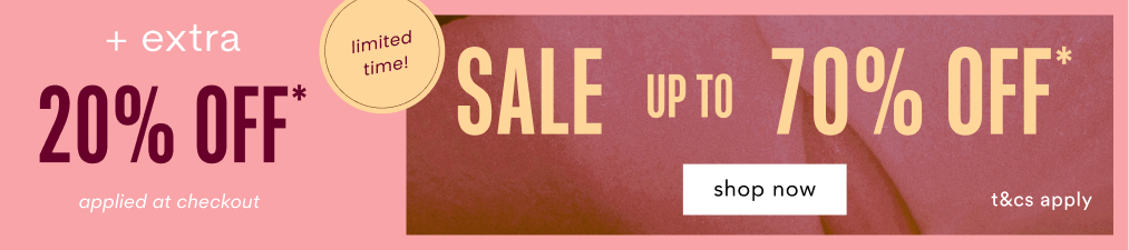 Pink and burgundy sale banner showing 20% off plus extra discount, limited time sale up to 70% off with shop now button