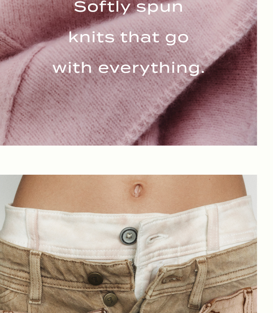 Close-up of dusty rose knit fabric with white text reading "Softly spun knits that go with everything."