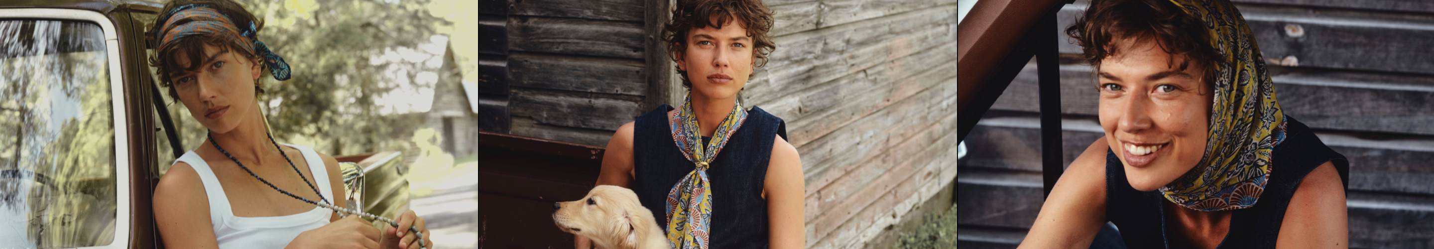 Three photos of a woman with short curly hair wearing a white tank top and patterned headscarf, posing by a vintage car and with a dog.