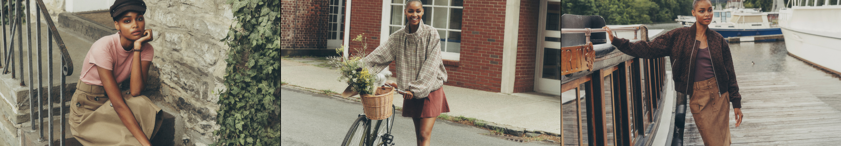 Three photos of a young Black woman: sitting on steps in pink top, riding bike with flower basket, standing by marina railing.