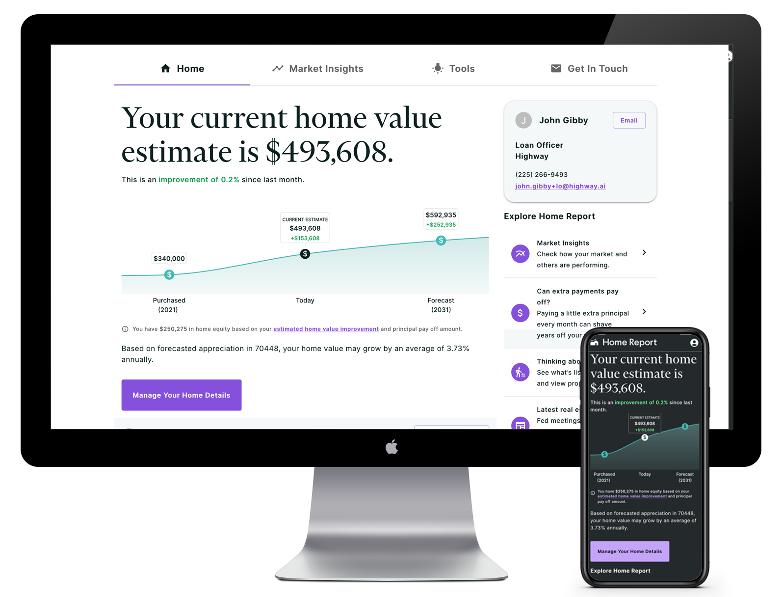 A screenshot of home report in dark and light modes on desktop and phone