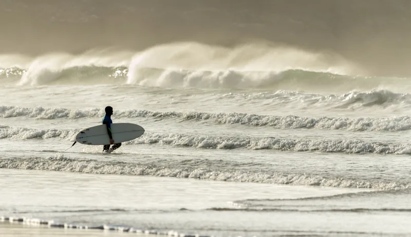 Surfer approaches waves, Fistral Beach