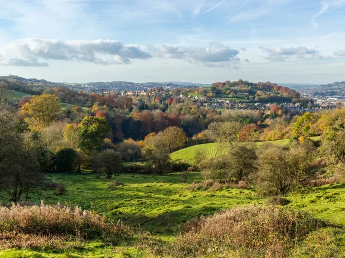 Autumn view of the countryside around the English city of Bath from the Skyline Walk at Claverton Down