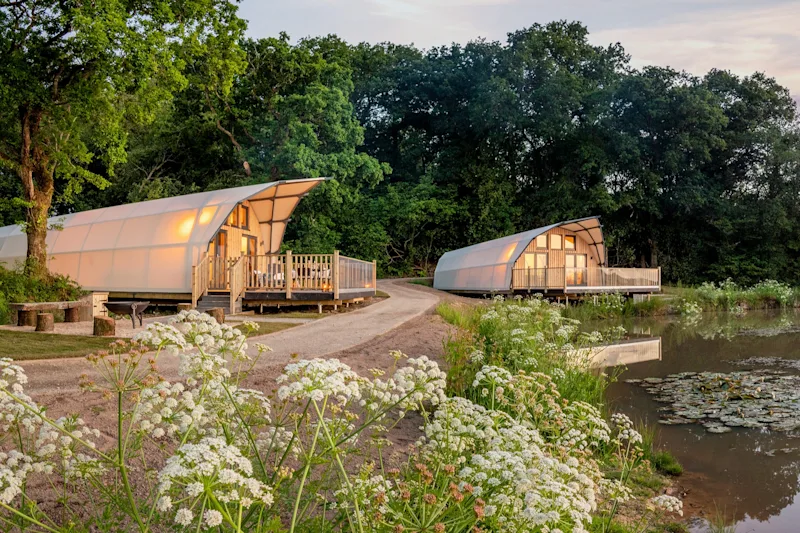 Luxury glamping pods at Clawford Lakes Resort and Spa (CLAL) in Clawton, Nr Holsworthy, North Devon, England, UK