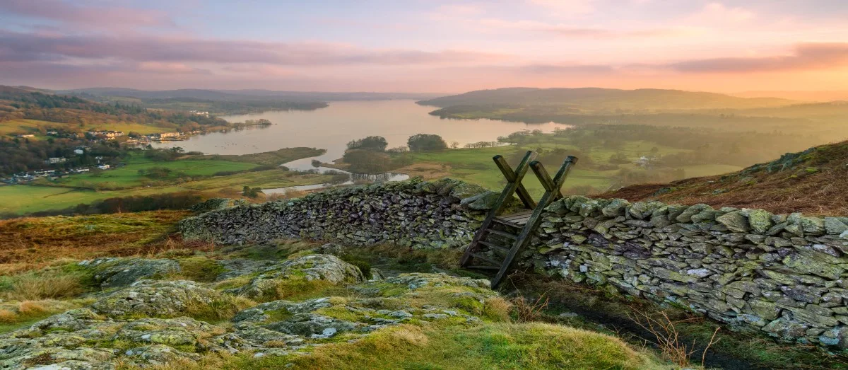Countryside views of Lake Windermere in the Lake District, Cumbria, England
