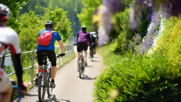 Radfahrer fahren hintereinander auf einem schmalen Weg entlang, gesäumt von Grün