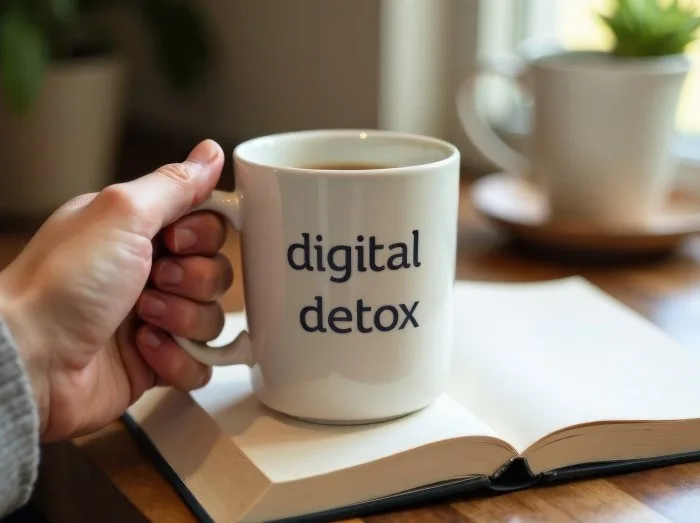 Holding a mug that reads digital detox while relaxing next to an open book and potted plant in a warm atmosphere