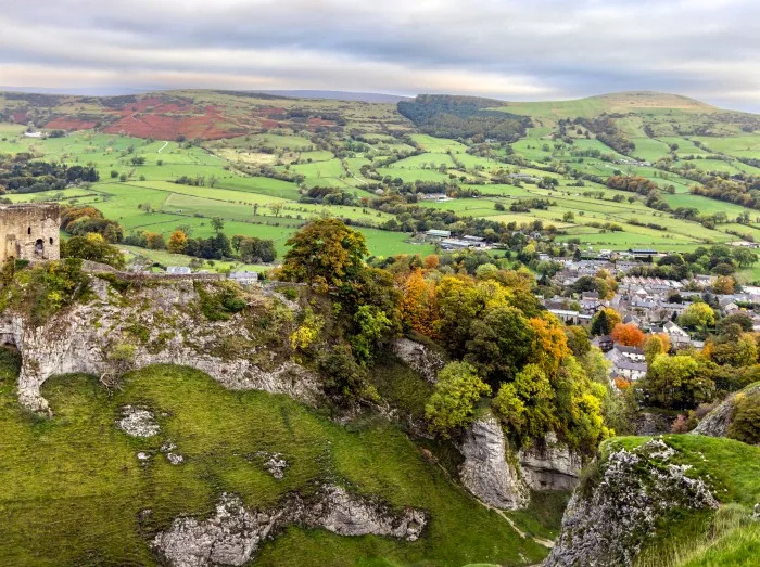 Peveril Castle, a ruined 11th-century castle overlooking the village of Castleton in Derbyshire, 