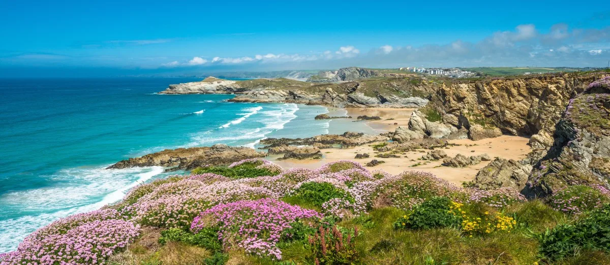 View of Newquay beach in North Cornwall, England