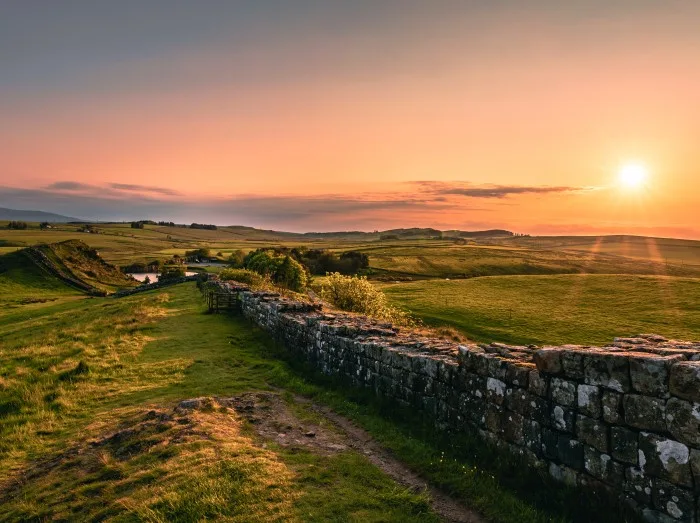 The view of the Hadrian's Wall in the sunset near Cawfield Quarry