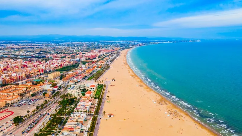 Valencia city beach aerial panoramic view, Spain