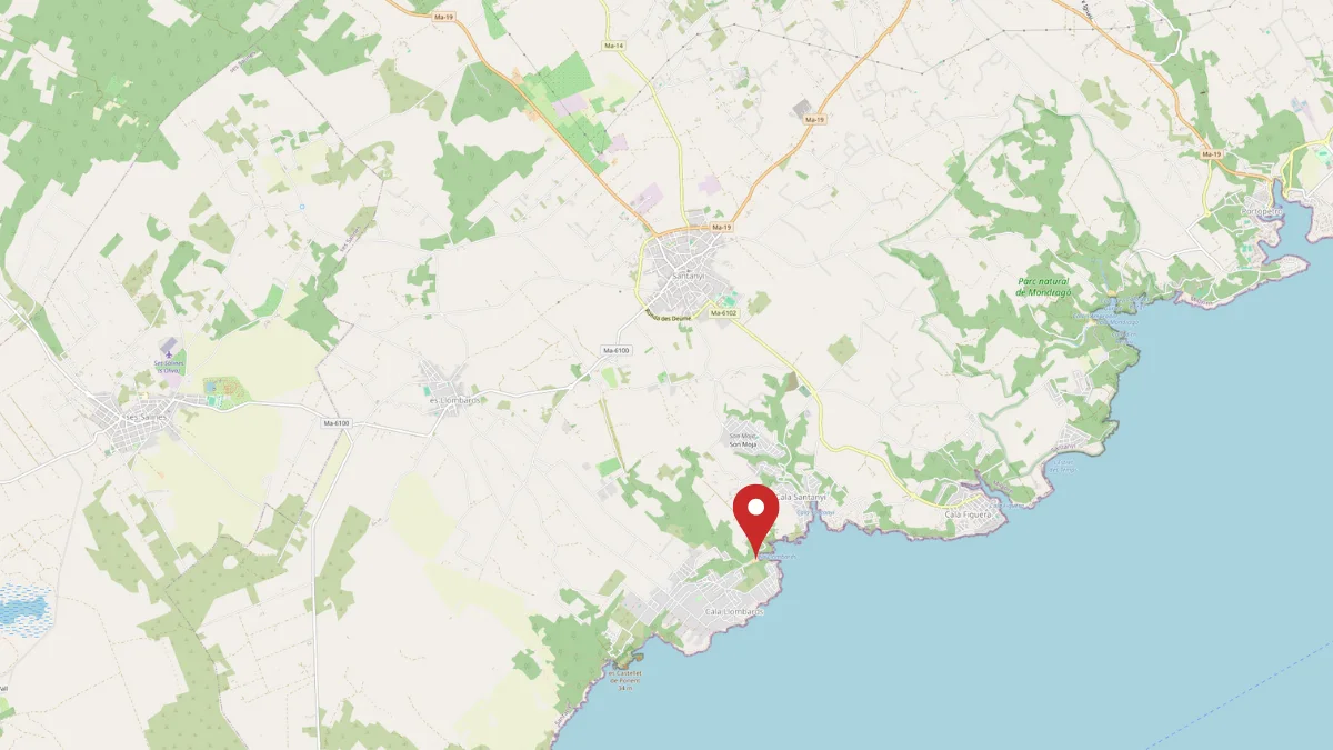 Landkarte von Mallorca mit rotem Pin in Cala Llombards.
