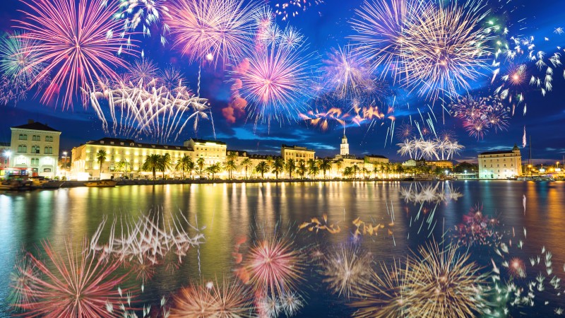 Riva promenade and Diocletian Palace with fireworks. Split