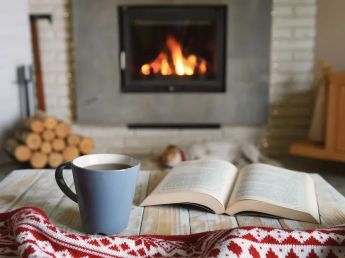 Ein Buch und eine Teetasse vor einem Kamin mit Feuer.