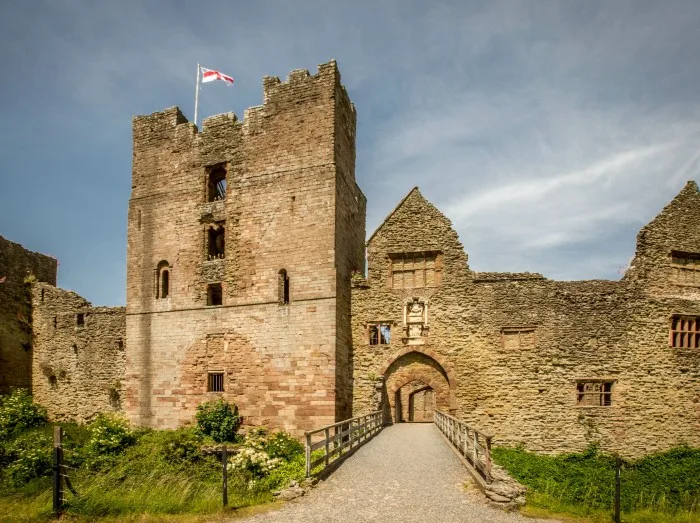 Bridge to entrance arch of Ludlow castle ruins