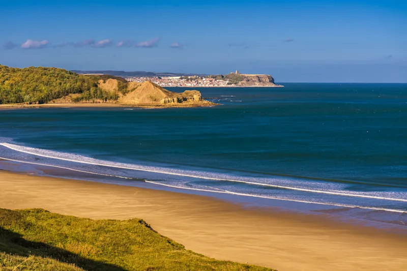View of Scarborough from Cayton Bay Beach, North Yorkshire, England, UK