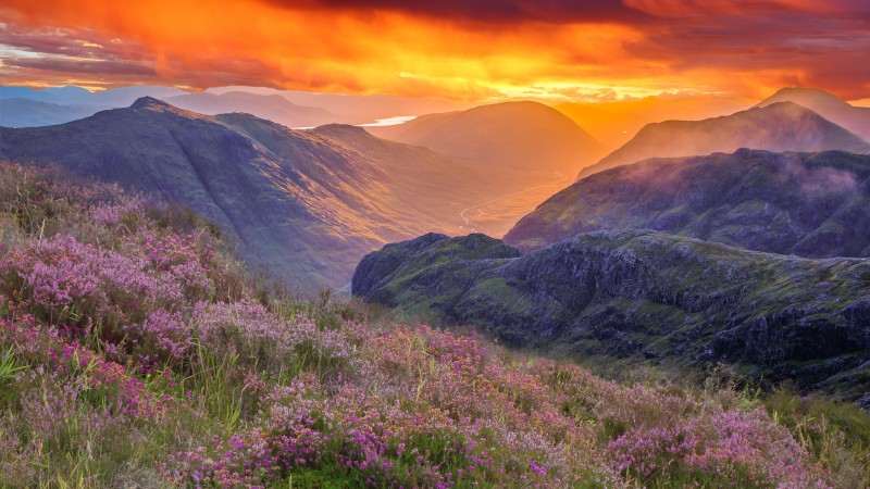 sunrise fire sky over the mountains of Glencoe, highlands