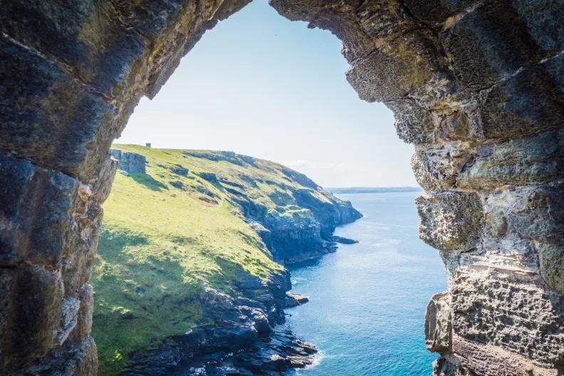 View through the ruins of Tintagel Castle, Tintagel, North Cornwall, UK