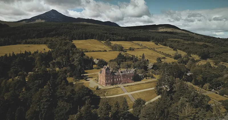 Aerial view of Brodick Castle, Garden & Country Park, Isle of Arran, Scotland, UK
