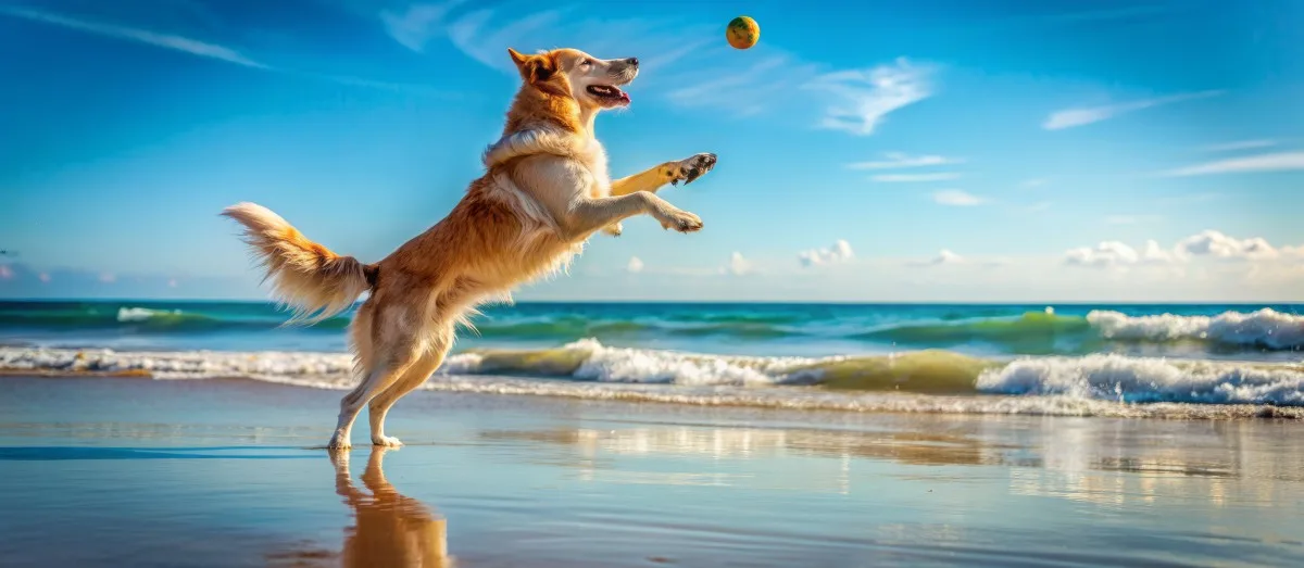 Energetic golden retriever runs freely on a sunny sandy beach, catching a flying tennis ball in mid-air, joyful and carefree in its playful moment.