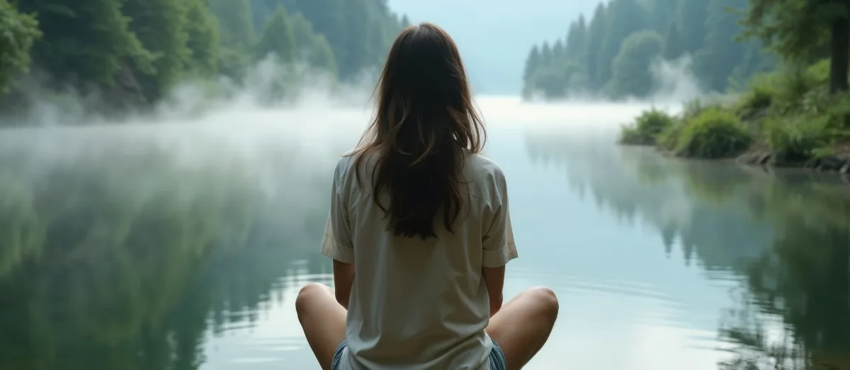 A woman sits cross-legged on a rock by a serene lake, gazing at the mist rising from the water. Verdant trees frame the peaceful landscape in the early morning light. Digital detox concept.