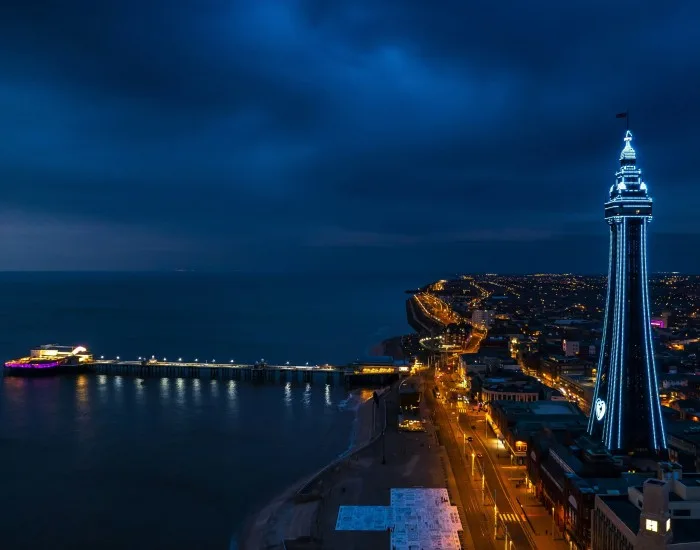 Blackpool skyline at night on the Lancashire coast in England