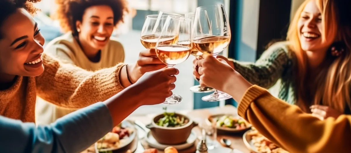 Young friends celebrating over dinner. A toast with glasses of white wine. Happy people at a terrace party before sunset.