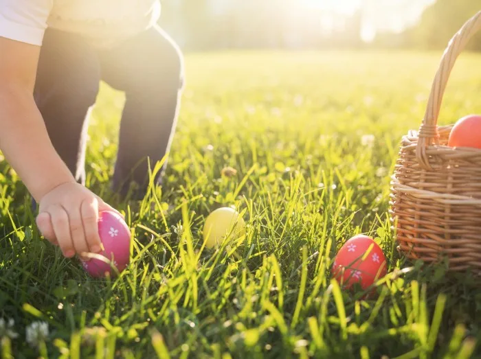 Little girl hunts Easter egg. Kids searching eggs in the garden. Child putting colorful eggs in a basket.