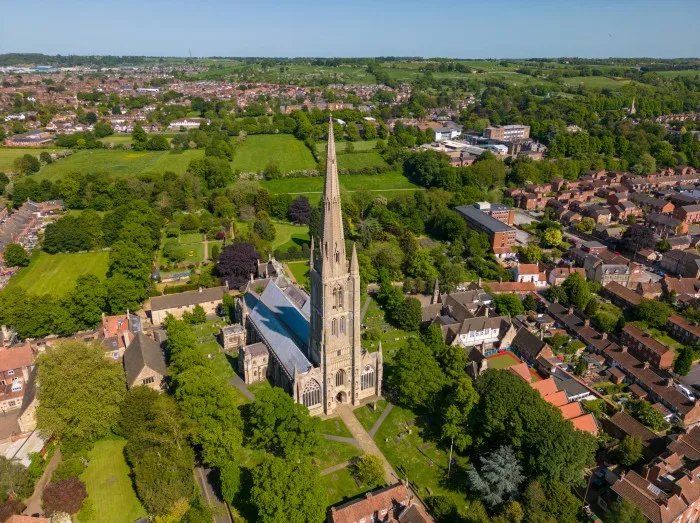 Aerial drone photo of the church in Grantham, Lincolnshire