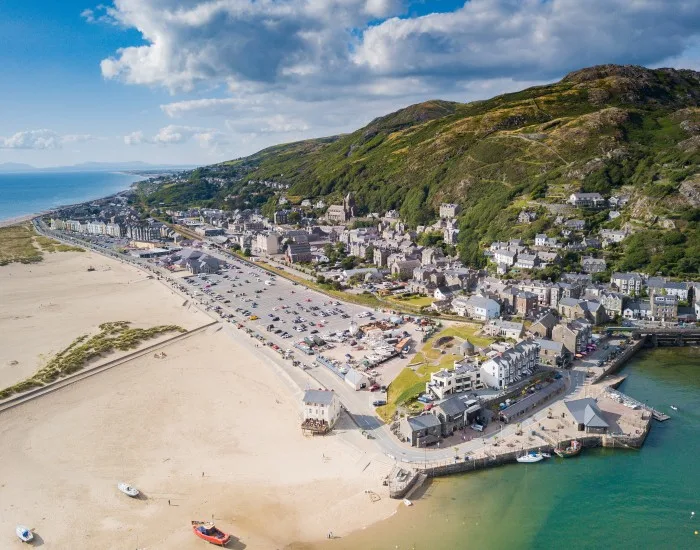 View across Barmouth town and beach in Gwynedd, Wales