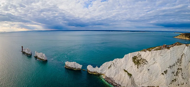 Aerial panoramic view of the Needles of Isle of WIght