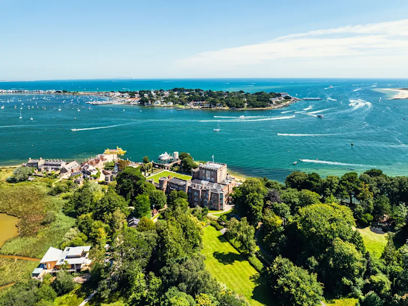 Brownsea Castle on Brownsea Island from a drone, Poole, Dorset, England