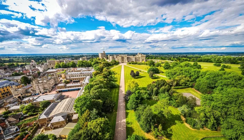 Aerial view of Windsor castle, a royal residence at Windsor in the English county of Berkshire