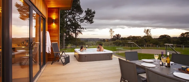 Hot tub lodge at Plassey Holiday Park in Wrexham, North Wales, UK