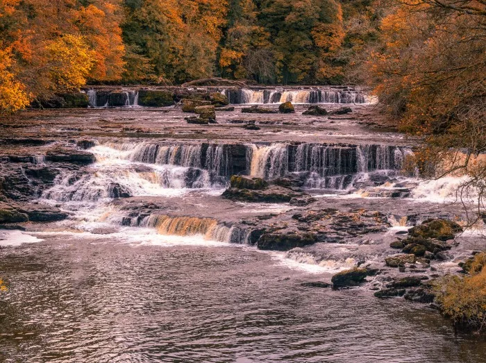 Aysgarth Falls are a triple flight of waterfalls, surrounded by forest carved out by the River Ure over an almost one-mile stretch on its descent Wensleydale 