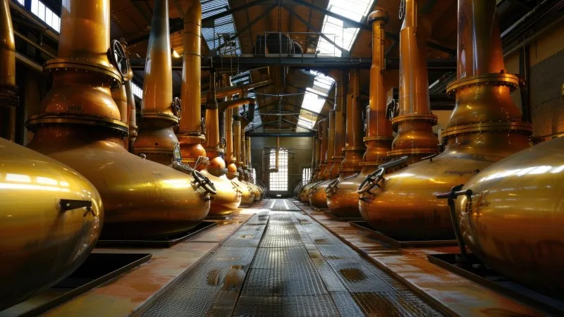 whiskey pot stills in Glenfiddich whiskey distillery