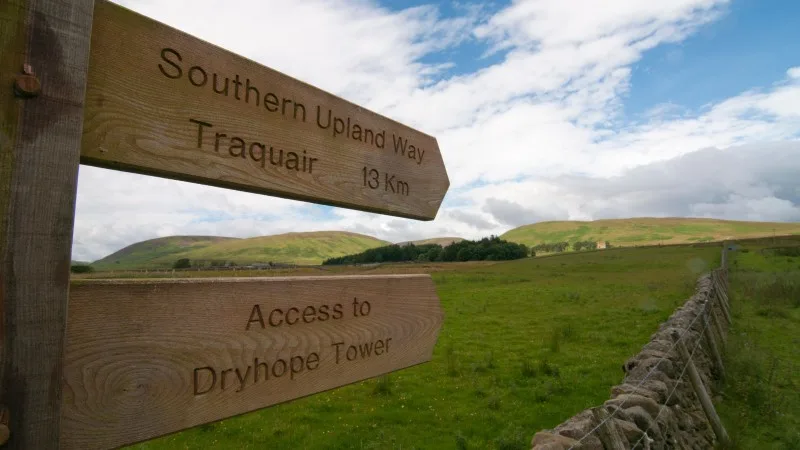 Signpost for Southern Upland Way and Dryhope Tower