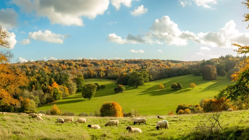 Autumn farmland scene of with sheep in a field in the beautiful Surrey Hills, 