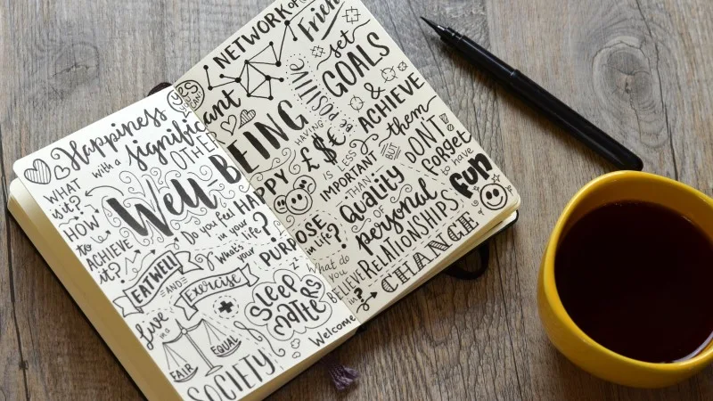 WELL-BEING hand-lettered sketch notes on notebook with coffee and pen