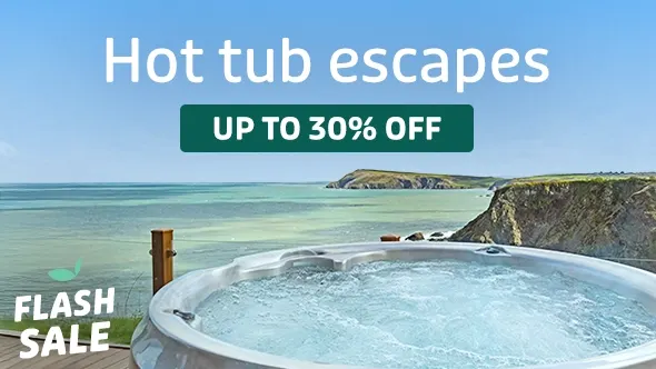 View of Fishguard Bay from a hot tub lodge at Fishguard Bay Resort (FGUA) in South Wales, UK