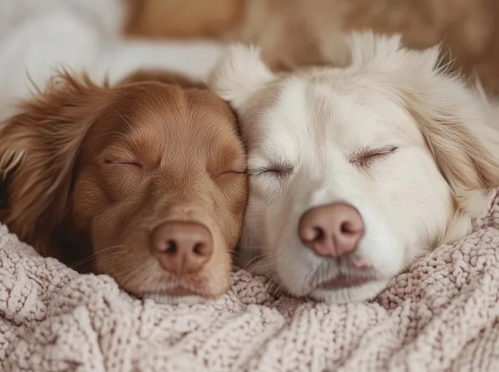 Two dogs are sleeping on a blanket. One is brown and the other is white.