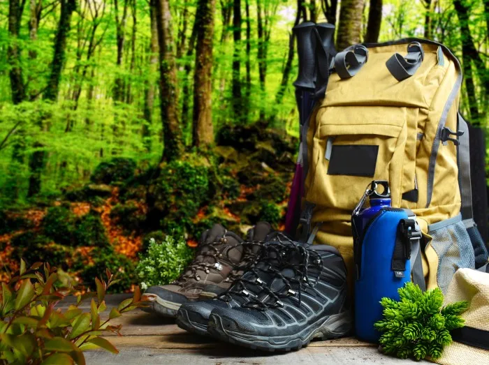 Backpack hiking with boots of mountain